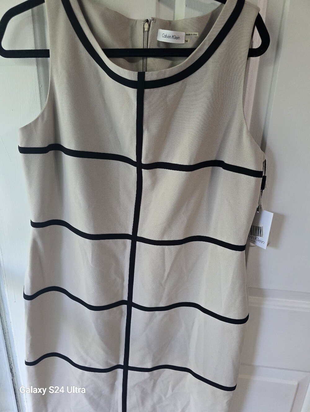 NWT Calvin Klein Beige Shift Dress with Black Windowpane Trim